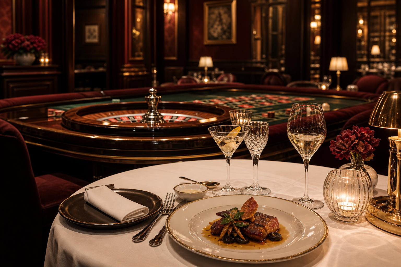 Dîner gastronomique servi près d’une table de roulette