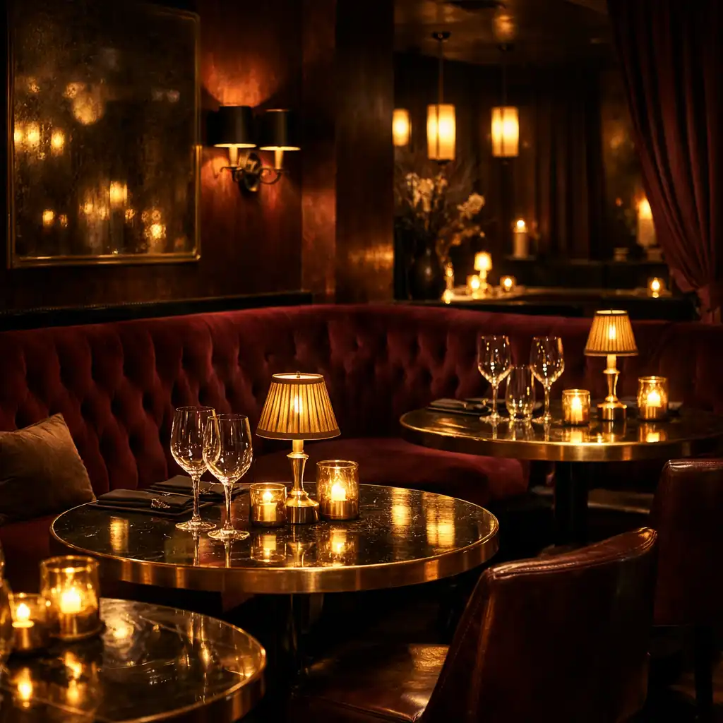 Ambiance lumineuse chaleureuse avec tons bordeaux et or