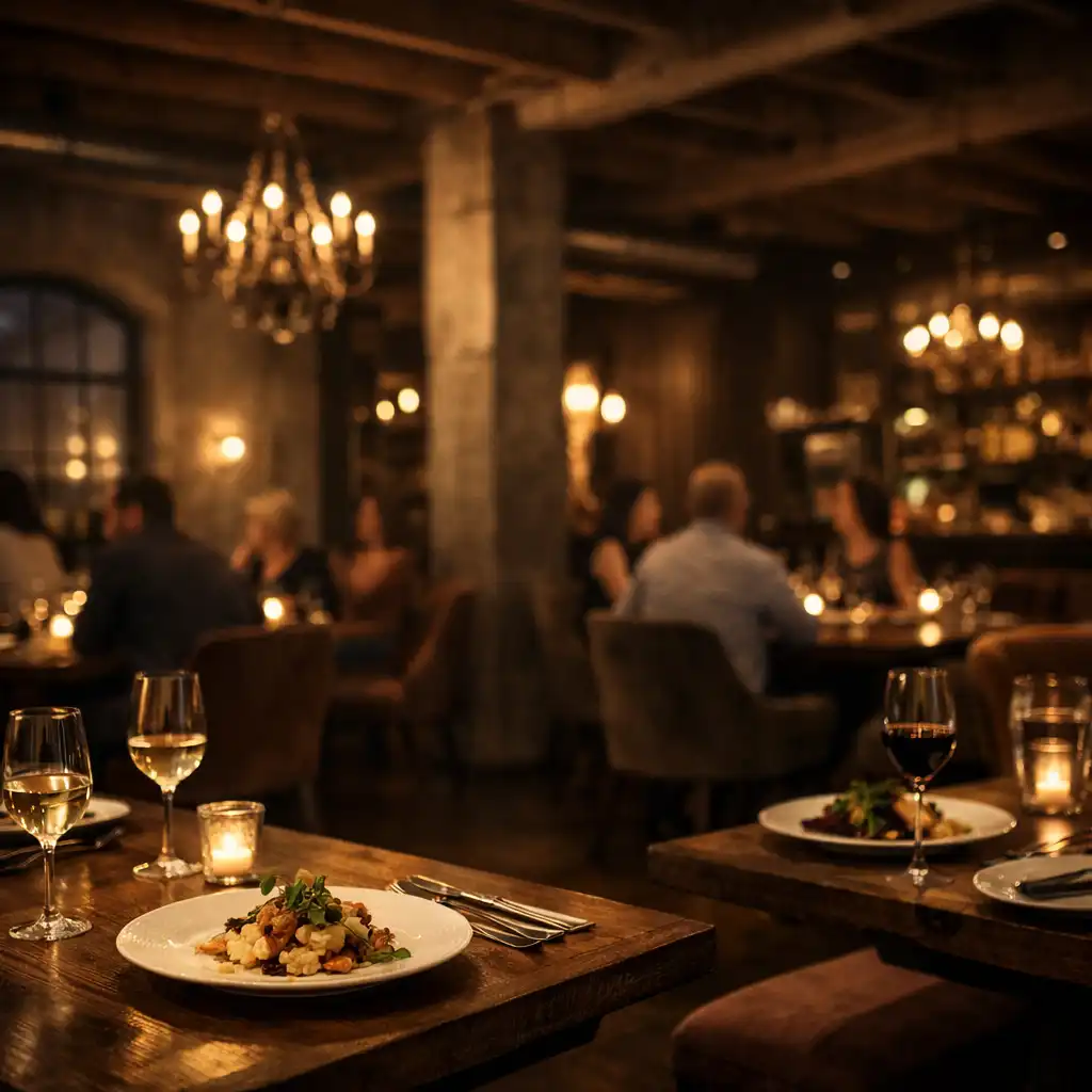 Restaurant élégant en loft industriel avec lumière chaleureuse