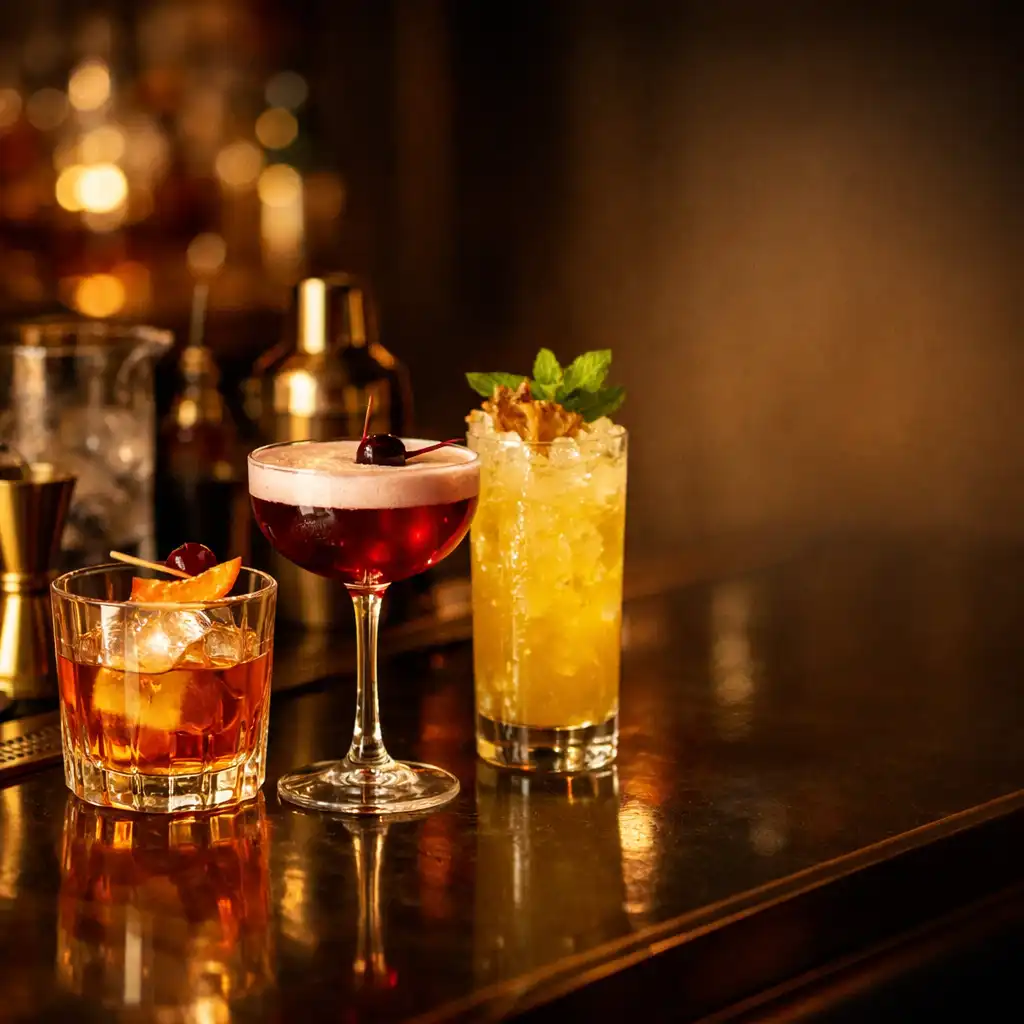 Cocktails signatures élégants sur un bar éclairé chaleureusement
