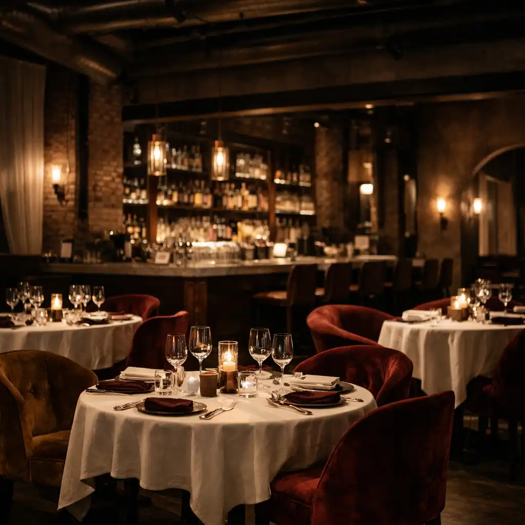 Salle principale de Maison Velouté avec lumière tamisée et ambiance chaleureuse