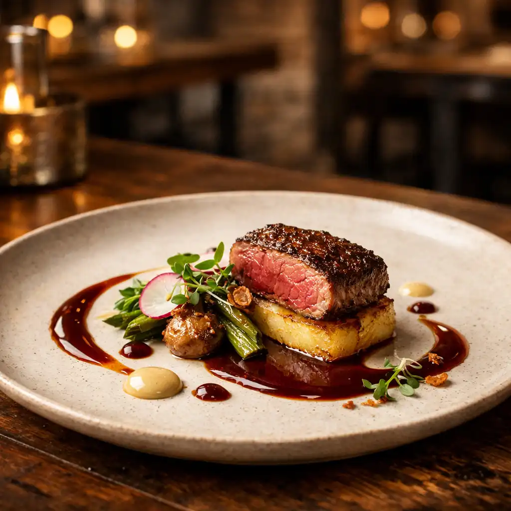 Plat gastronomique raffiné dressé dans une ambiance tamisée